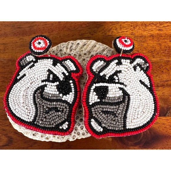 Bulldog Earrings UGA Dawgs University of Georgia Beaded Dangle Post New … - Picture 9 of 12